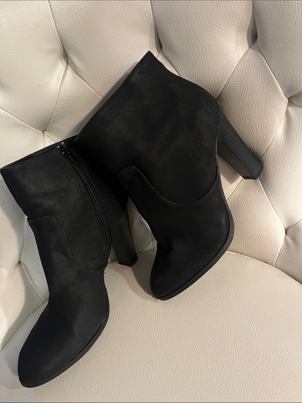 Delicious Black Suede-Look Ankle Booties with High Block Heel